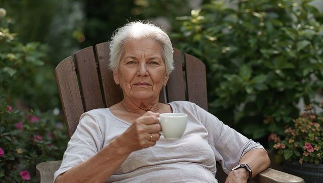 Senior woman relaxing in chair sipping coffee from white cup peaceful outdoor portrait