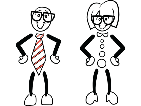 this image features two cartoon characters standing confidently with their hands on hips. represented in black and white, they are dressed in business attire, adding a whimsical touch to business or communication-themed projects. ideal for use in presentations, websites, newsletters, blogs, or educational materials where a playful and confident character illustration is needed.