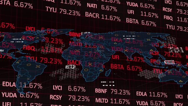 Dynamic illustration shows stock market data superimposed on world map, captured with emphasis on digital and economic context. Useful for financial news articles, economic trend reports, investment guides, or presentations on global markets and economic developments.