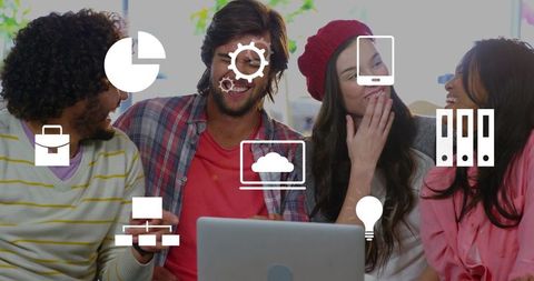 Young team collaborating around laptop in bright coworking lounge with tech overlay icons