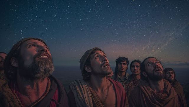 Men in tunics staring at the starry sky on nighttime ocean adventure