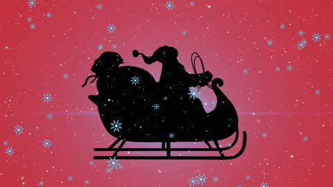 Silhouette of Santa in Sleigh with Falling Snowflakes on Red Background