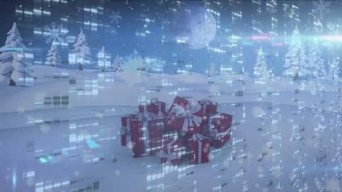 Digital Data Overlaying Christmas Snowy Landscape with Gifts