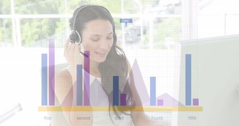 Smiling Businesswoman in Call Center with Overlaid Data Chart