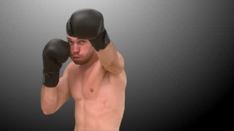 Brunette Man Practicing Boxing with Intensity on Dark Background
