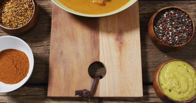 Various Spices and Condiments on Wooden Table with Cutting Board - Download Free Stock Images Pikwizard.com