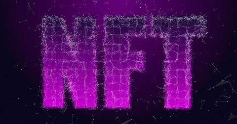 Purple NFT Text with Digital Connections on Violet Background