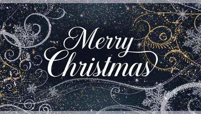 Elegant merry christmas calligraphy with silver filigree and gold glitter on navy