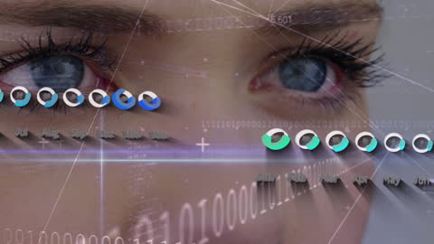 Cyber Theme: Female Eyes Reflecting Data and Binary Code