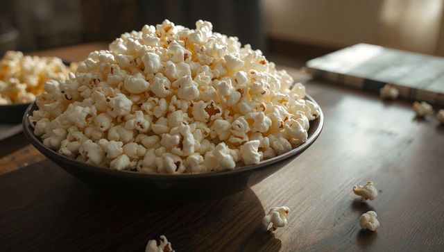 Rustic ceramic bowl piling popcorn on wooden table, cozy snack closeup with warm light