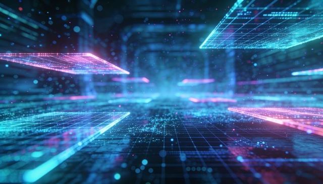 Glowing wireframe grid with floating cyan and magenta holographic panels in neon cyberspace corridor