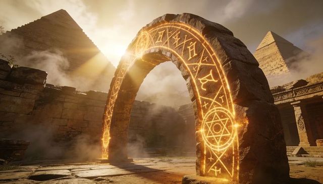 Glowing rune archway channeling golden light across ruined desert temple courtyard