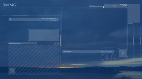Digital Data Overlay on Landscape with Sunset