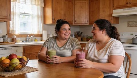 Two women sharing smoothies at cozy wooden kitchen table, smiling with fruit basket