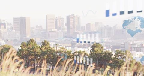 Downtown skyline blending with digital analytics overlay from grassy hilltop perspective