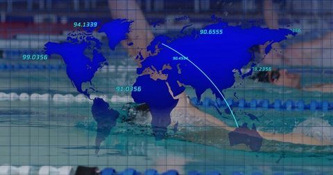 Competitive Swimmer Cutting Through Pool with World Map Overlay and Gridlines