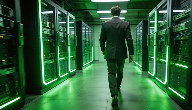 Executive walking through green-lit data center aisle with glowing server racks