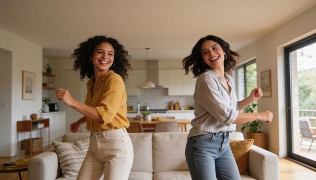 Two women dancing together in sunlit modern open-plan living room, casual cozy home moment