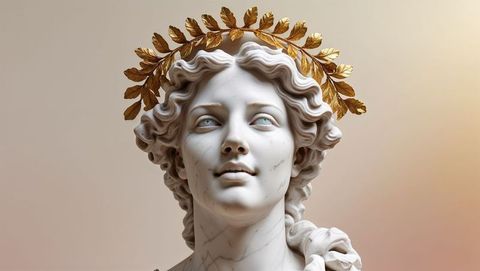 Classical marble bust with golden laurel wreath on gradient backdrop