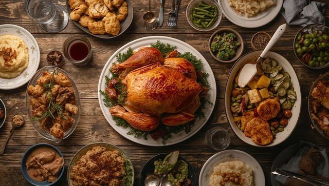 Featuring roasted turkey centerpiece, serving thanksgiving sides on rustic wooden table