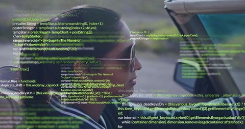 Woman Driving Car with Code Interface Overlay Reflecting Innovation