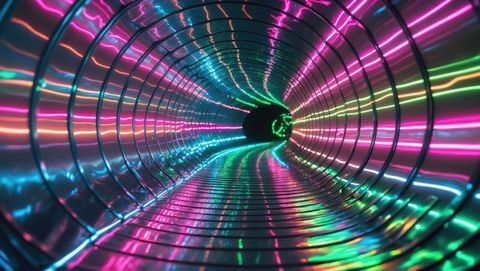 Futuristic neon tunnel with glowing led reflections in abstract space