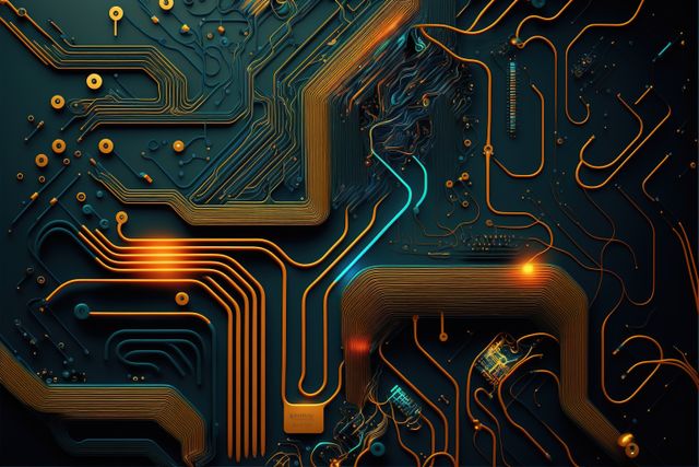 Image of computer circuit board and orange light trails on dark background - Download Free Stock Photos Pikwizard.com