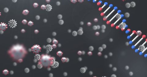 Coronavirus particles floating with dna helix in background