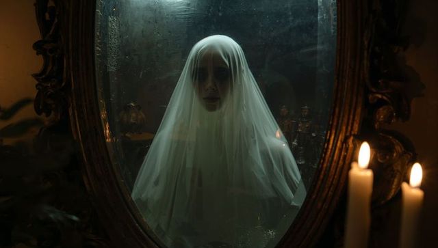 Veiled figure reflecting in ornate mirror with eerie candlelight