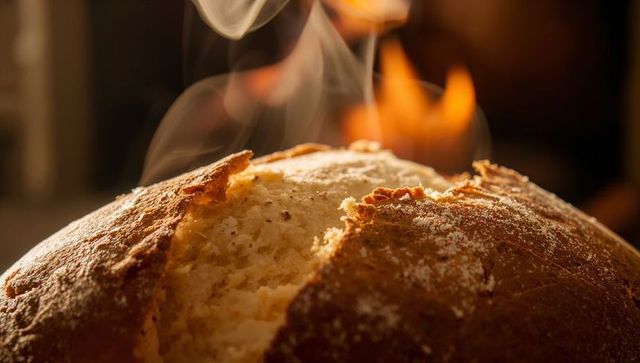 Fresh rustic round loaf releasing steam with golden crust and warm oven glow