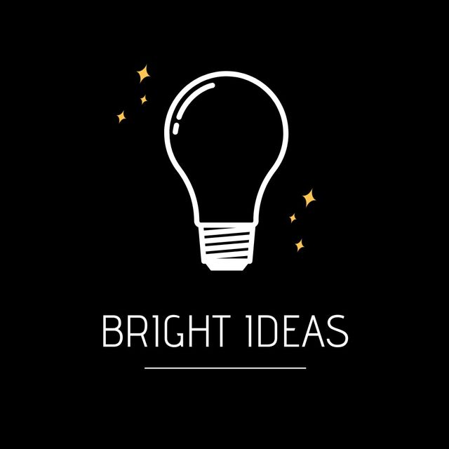 Bright lightbulb illustration over black background with 'Bright Ideas' text. Suitable for representing creativity, innovation, and inspirational concepts. Perfect for business logos, startup branding, presentation slides, and promotional materials.