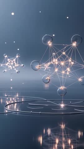 Rotating Futuristic Neural Network Emerging on Glass Floor with Sparkling Nodes