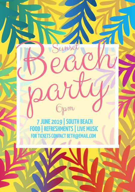 Colorful Tropical Beach Party Poster with Leaf Designs - Download Free Stock Templates Pikwizard.com