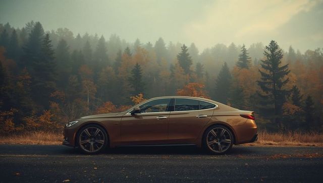 Luxury brown sedan on misty forest road in autumn
