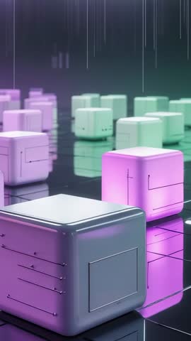 Vertical Cyberpunk Cubes Pulsing Magenta on Reflective Grid under Digital Rain