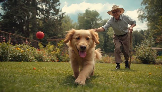 Senior Enjoying Outdoor Play Fetch with Happy Golden Retriever Puppy