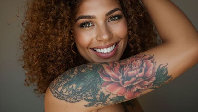 Smiling hispanic woman raising arm, showing colorful peony sleeve tattoo and freckled skin