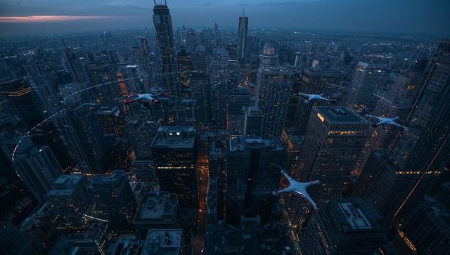 Autonomous delivery drones navigating urban skyline at dusk over illuminated skyscrapers