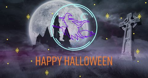 Neon Witch and Gothic Halloween Design with Full Moon - Download Free Stock Images Pikwizard.com