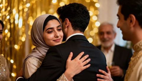Muslim Bride Wearing Hijab Embracing Groom at Elegant Gold-Decorated Wedding Reception