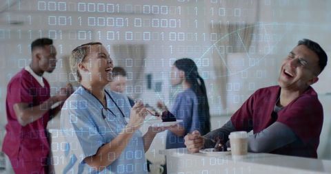Medical Professionals Collaborating Amidst Digital Data Overlay