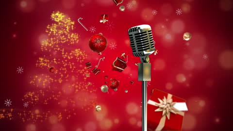Retro Microphone with Floating Christmas Gifts on Red Background