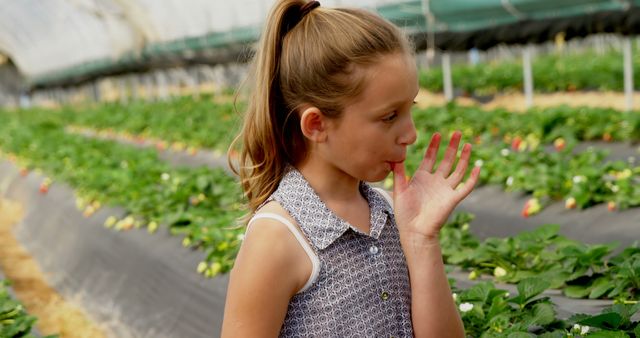 Young girl standing in greenhouse full of fresh strawberry plants, tasting strawberry with thoughtful expression. Ideal for use in advertisements for fresh produce, healthy eating, child agriculture education, farm-to-table concepts, and family-friendly activities.