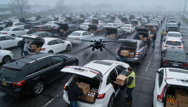 Drone monitoring mass food distribution drive-through volunteers loading boxes in fog now