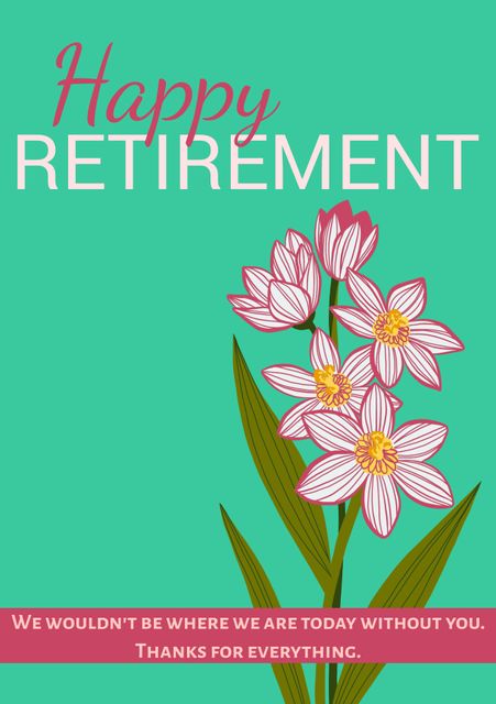 Features colorful floral illustration and heartfelt congratulatory message for retirement. Ideal for sending retirement wishes and expressing appreciation. Perfect for colleagues, friends, and family members retiring. Useful for enhancing personal and professional milestones.