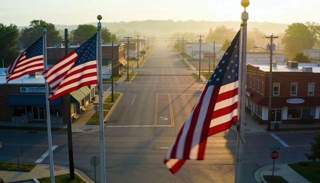Waving american flags over quiet small-town main street at golden hour with morning mist