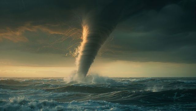 Powerful waterspout towering above ocean in stormy scene