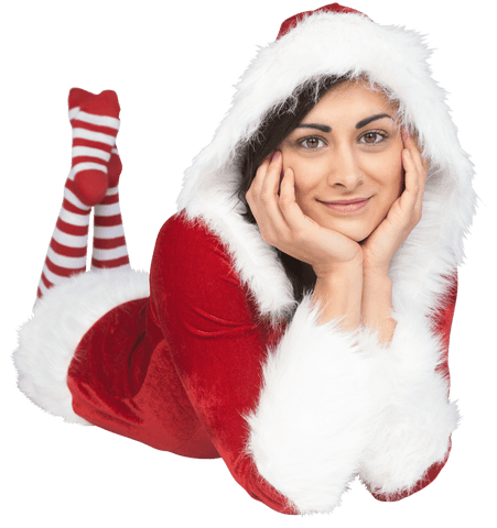 Transparent Happy Woman in Festive Santa Outfit Relaxing Pose