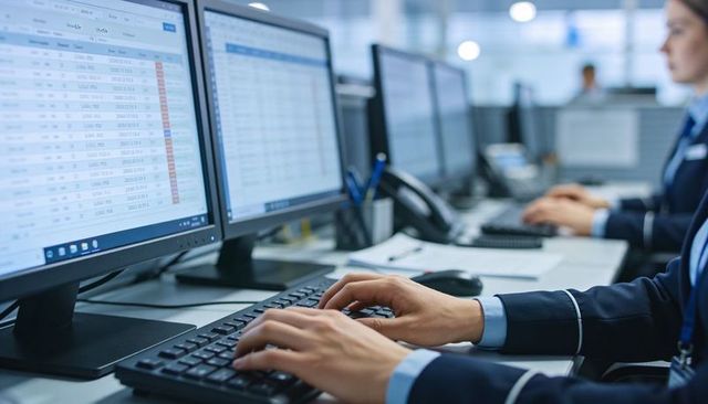 Typing analyst working on multiple monitors with spreadsheets in open-plan office