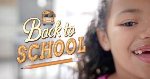 Smiling girl showing missing tooth with back to school bus and pencil graphic in hallway